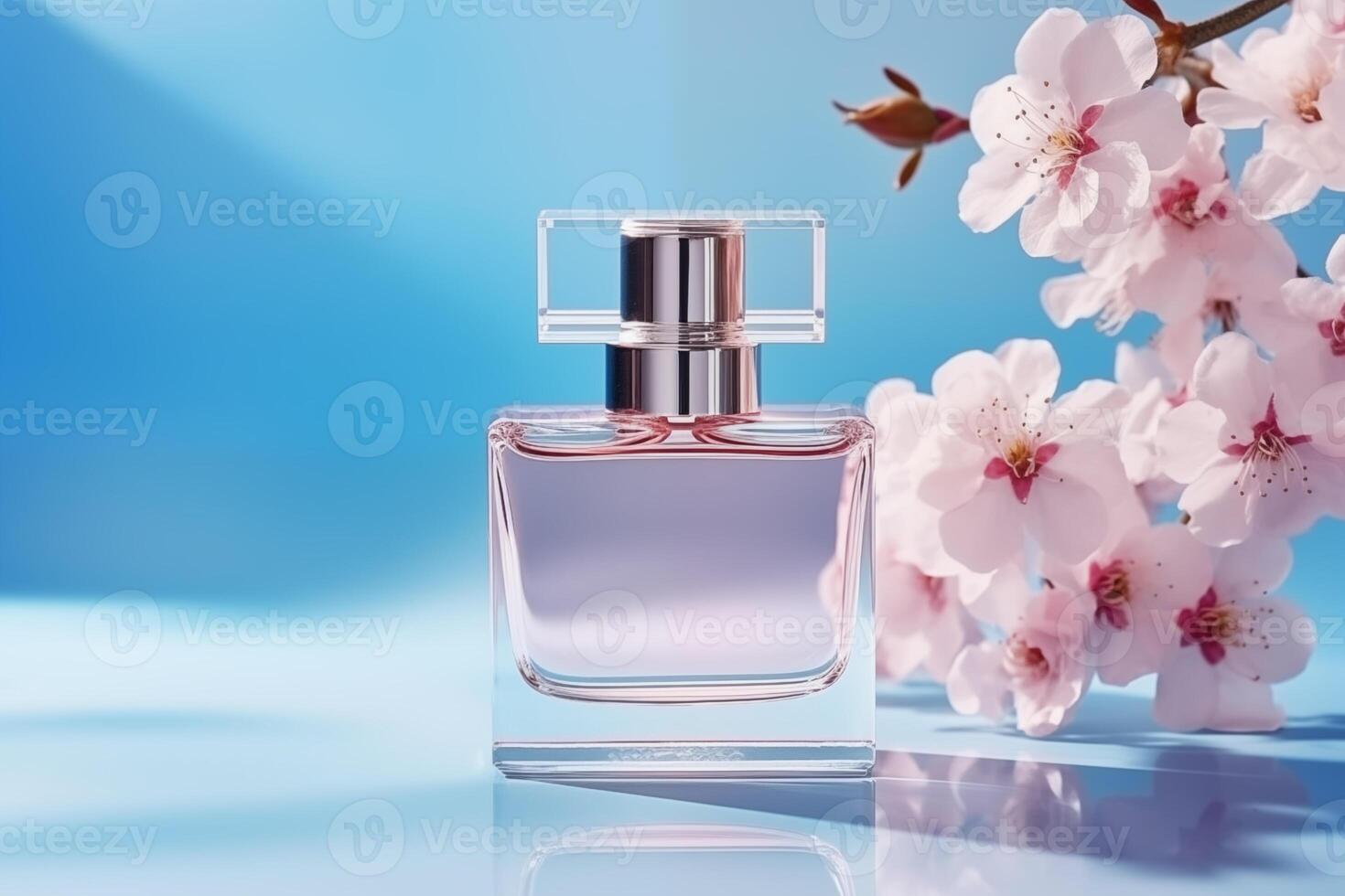 AI generated Glass elegant perfume bottle mockup on blue background with sakura blossom flowers. Glamour advertisement banner, copy space. photo