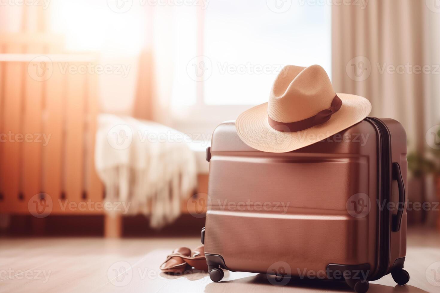 AI generated Close-up luggage with hat and blurred happy tourist woman background in hotel after check-in. Conceptual of travel and vacation. photo