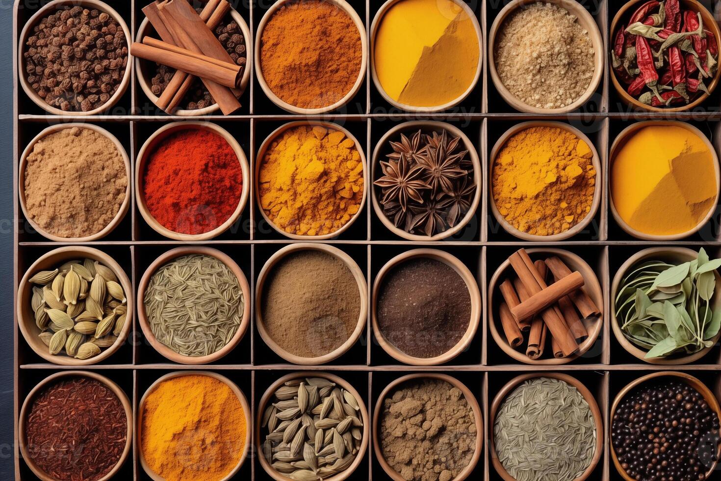 AI generated Indian spices used in Indian cooking sush as masala hot curry whole spices like turmeric. Top view of spices in boxes. photo