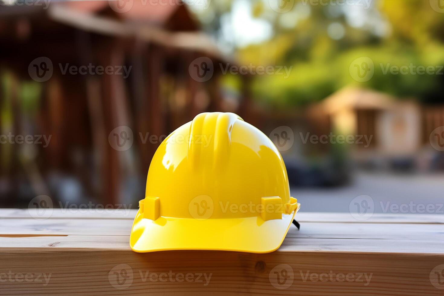 AI generated Yellow safety construction helmet on a wooden table against the backdrop of a house being built. photo