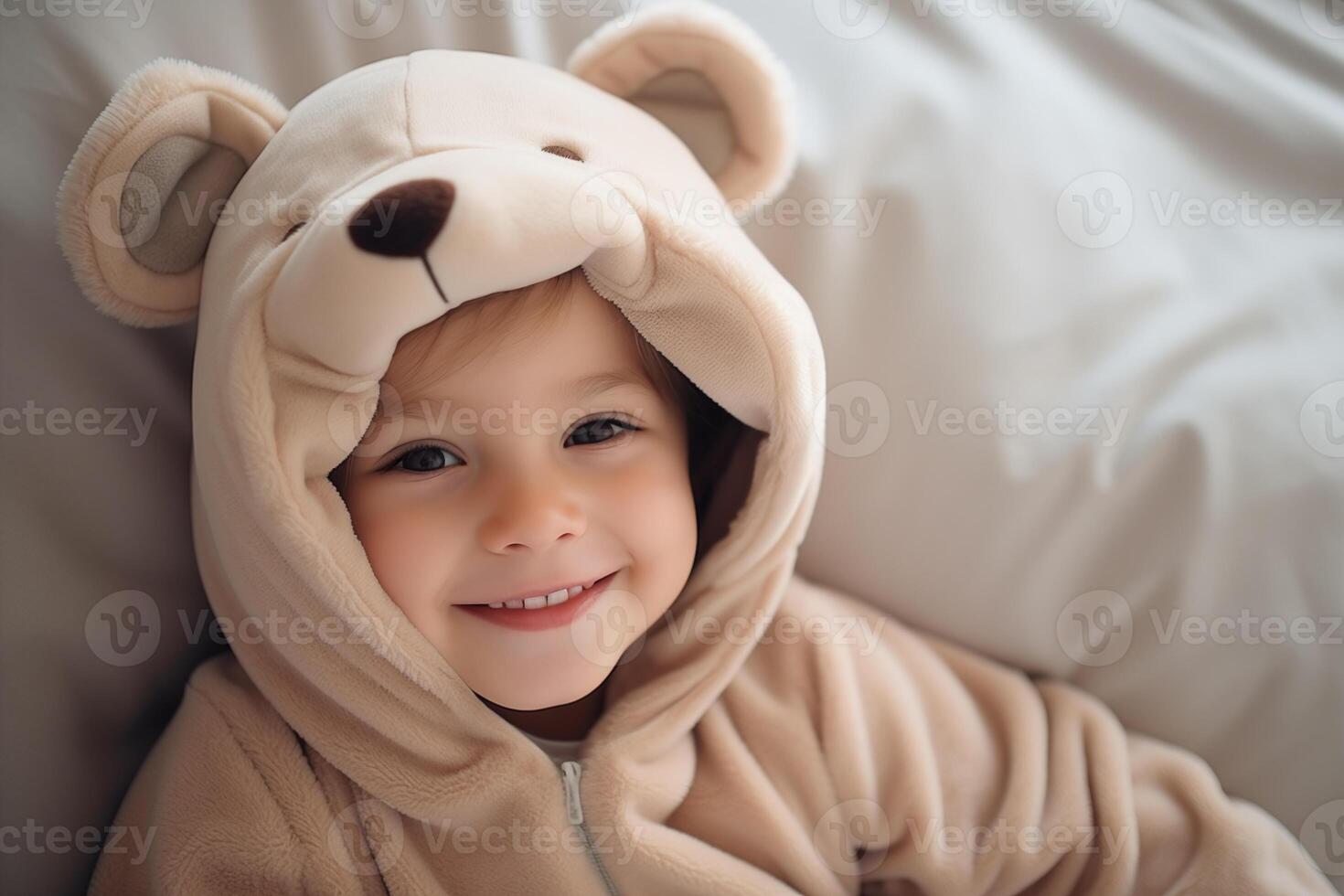 AI generated Happy children wearing bear hood with teddy bear, smiling kid on comfortable bed. photo