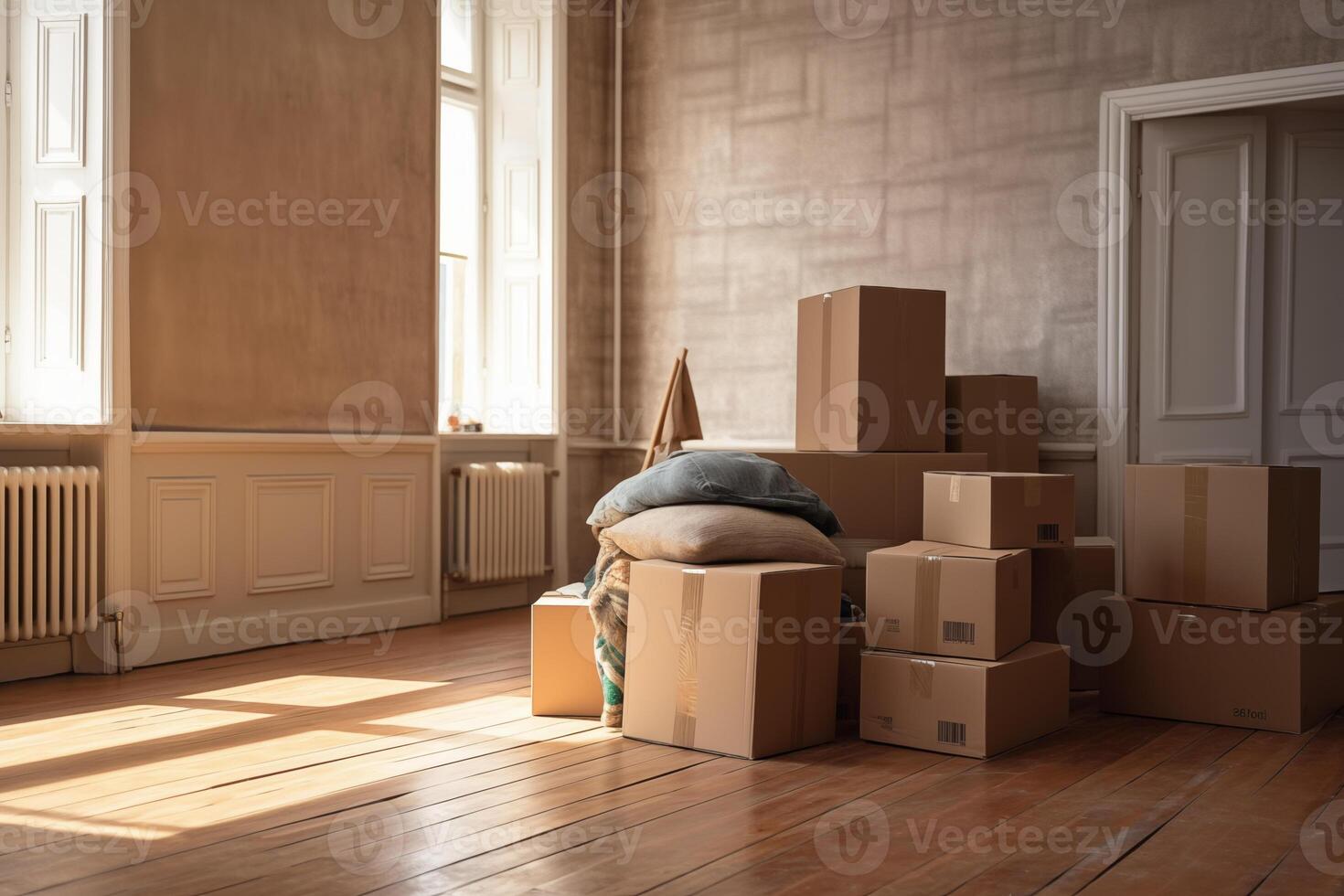 AI generated Stack of cardboard boxes with household belongings on wooden floor in living room of old classical style house. Moving to new home photo