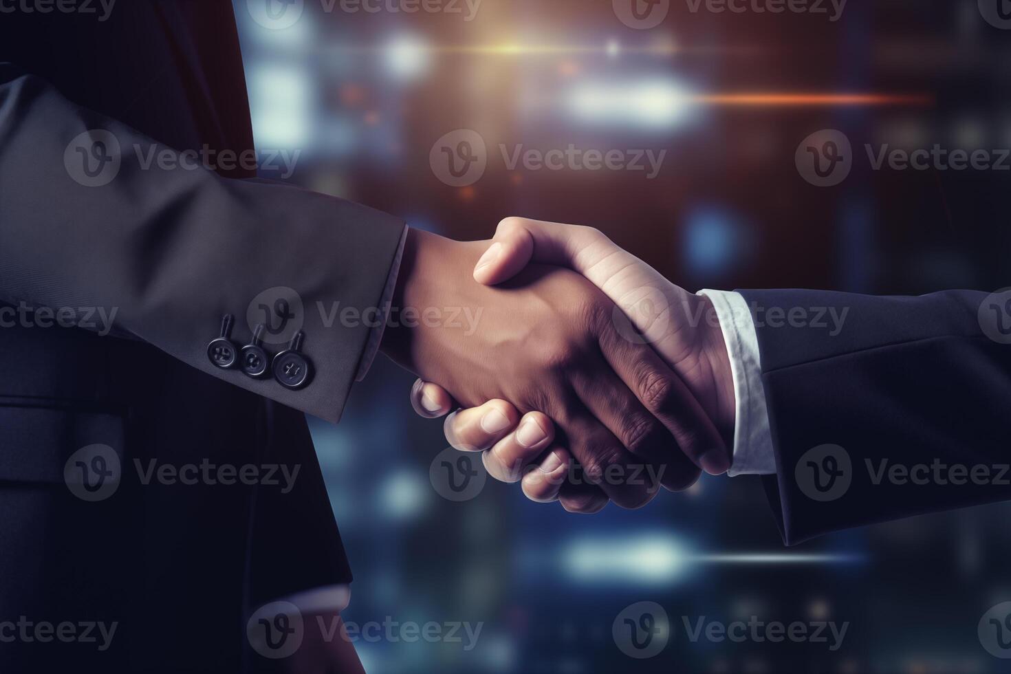 AI generated Two confident business people shake hands during a meeting in the office. Greeting and partnership concept photo