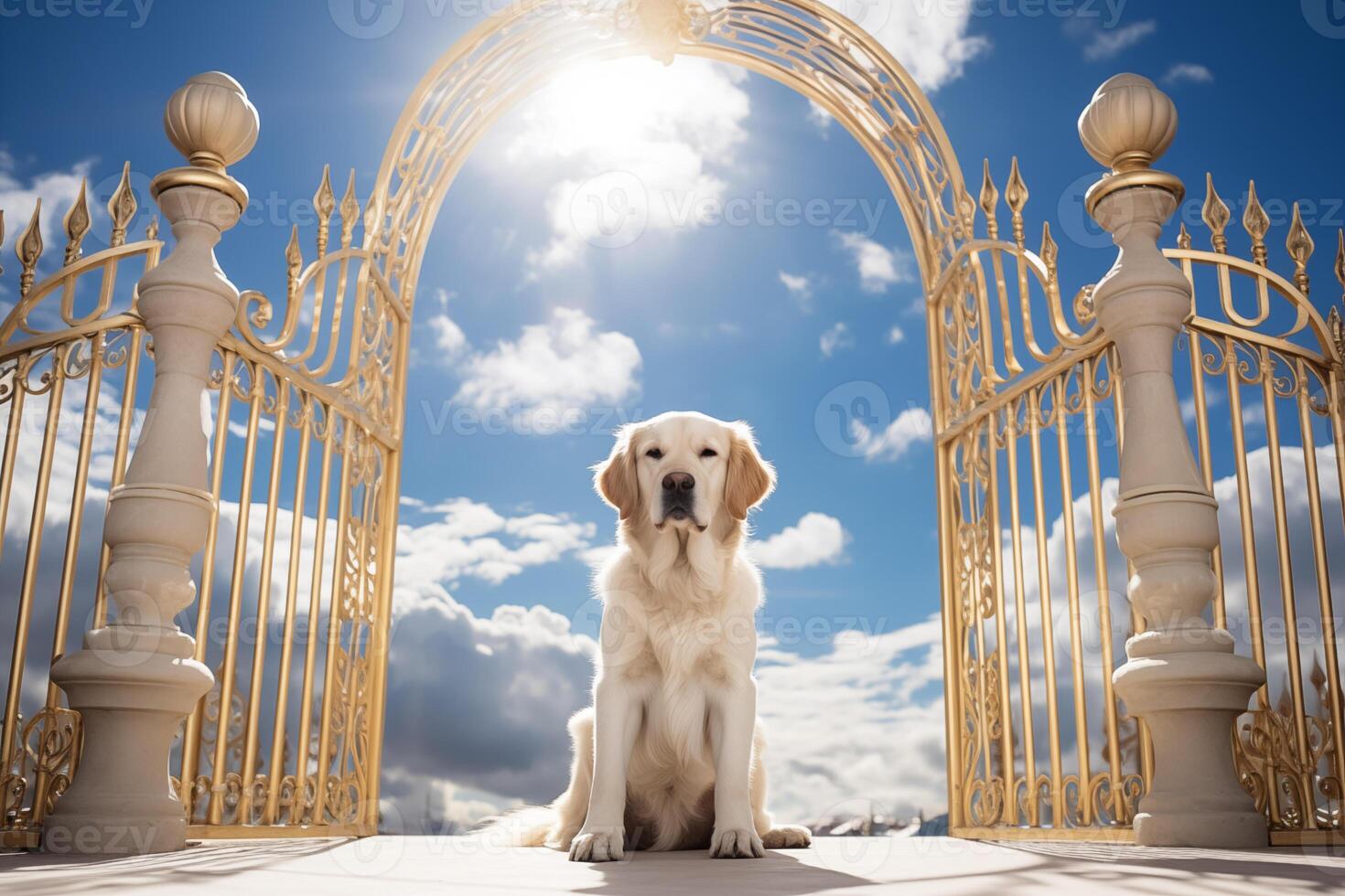 ai generado perro en frente de el abrió oro portón a paraíso en cielo para mascotas. foto