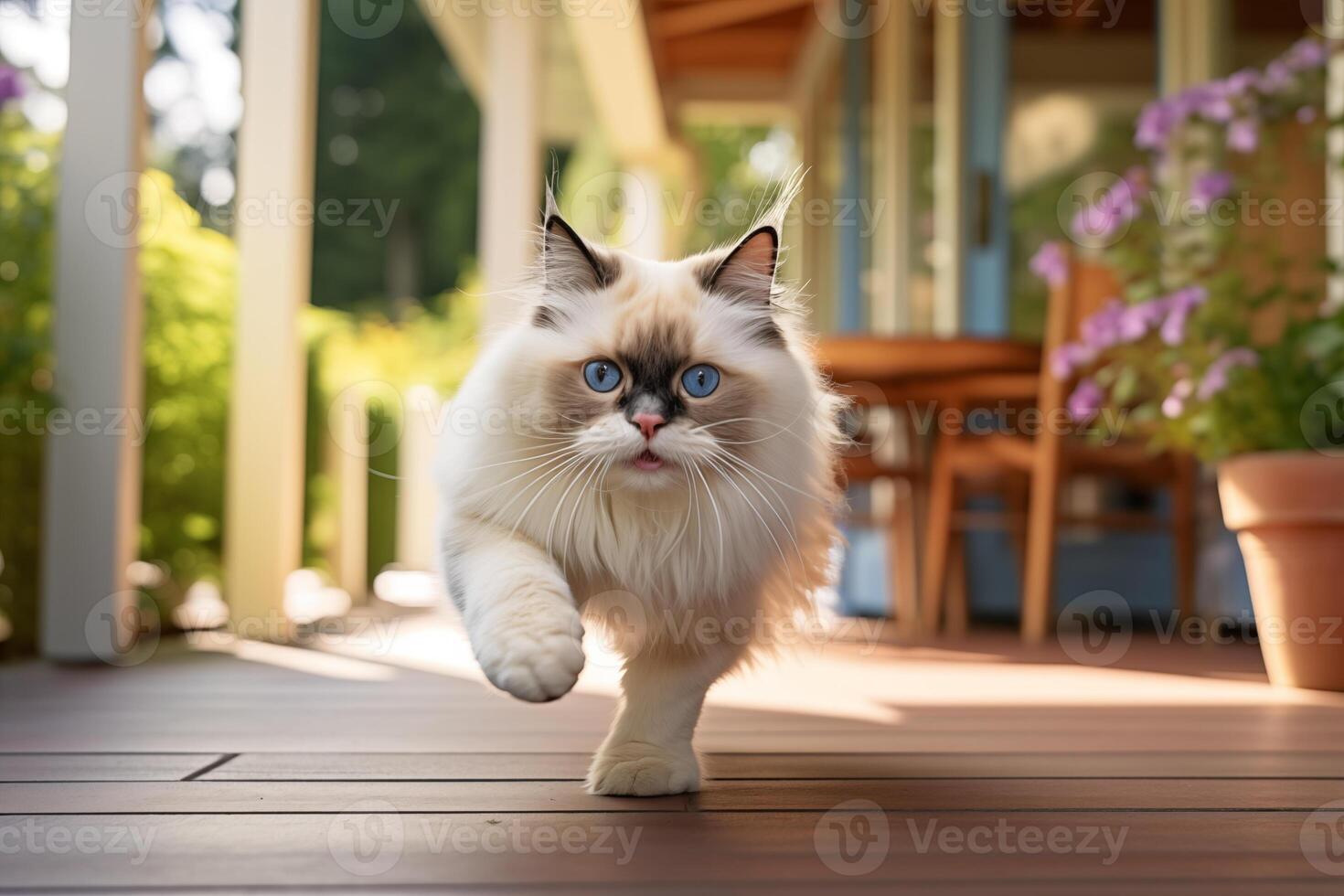 AI generated Medium shot portrait photography of a smiling ragdoll cat running against an appealing front porch. photo