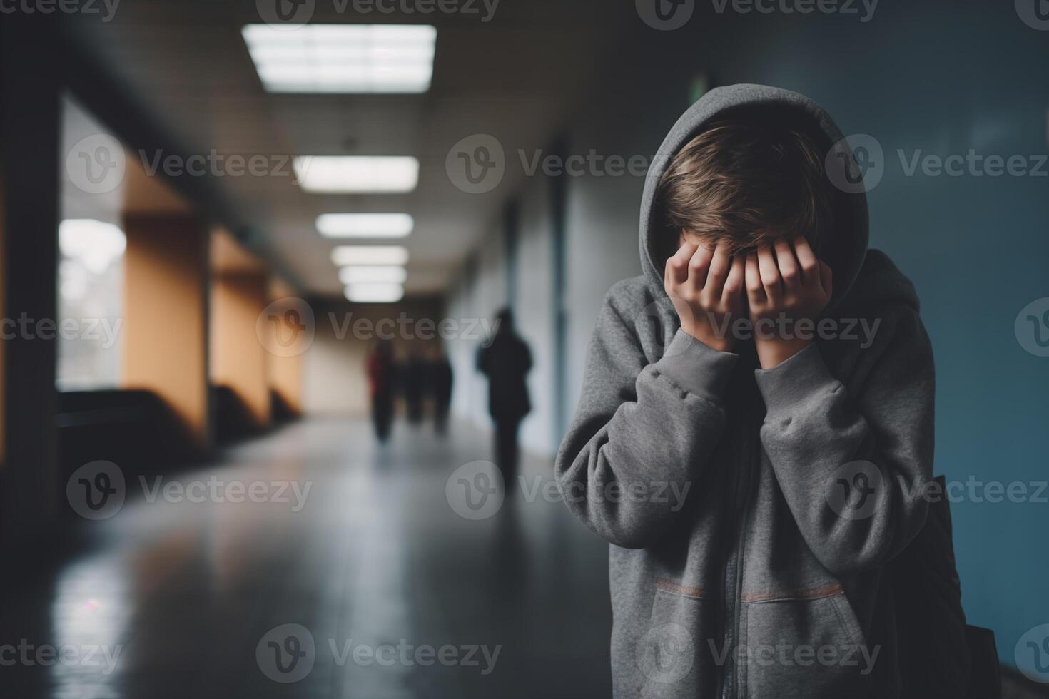 AI generated Upset boy covered his face with hands standing alone in school corridor. Learning difficulties, emotions, bullying in school photo
