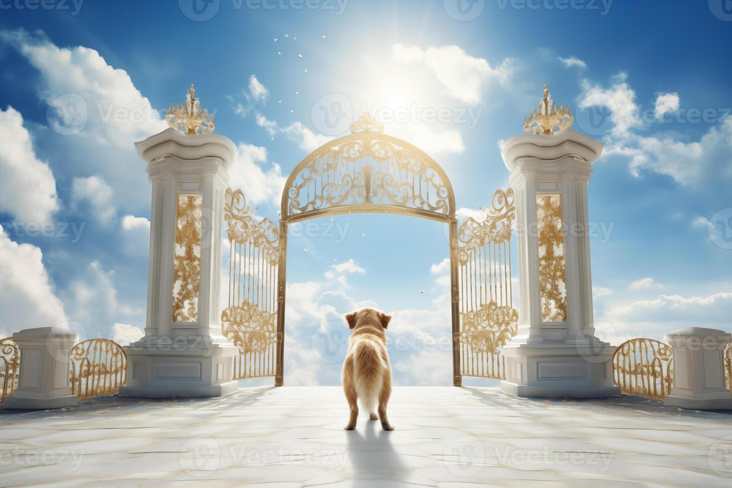 AI generated Dog in front of the opened gold gate to paradise in heaven for pets. photo