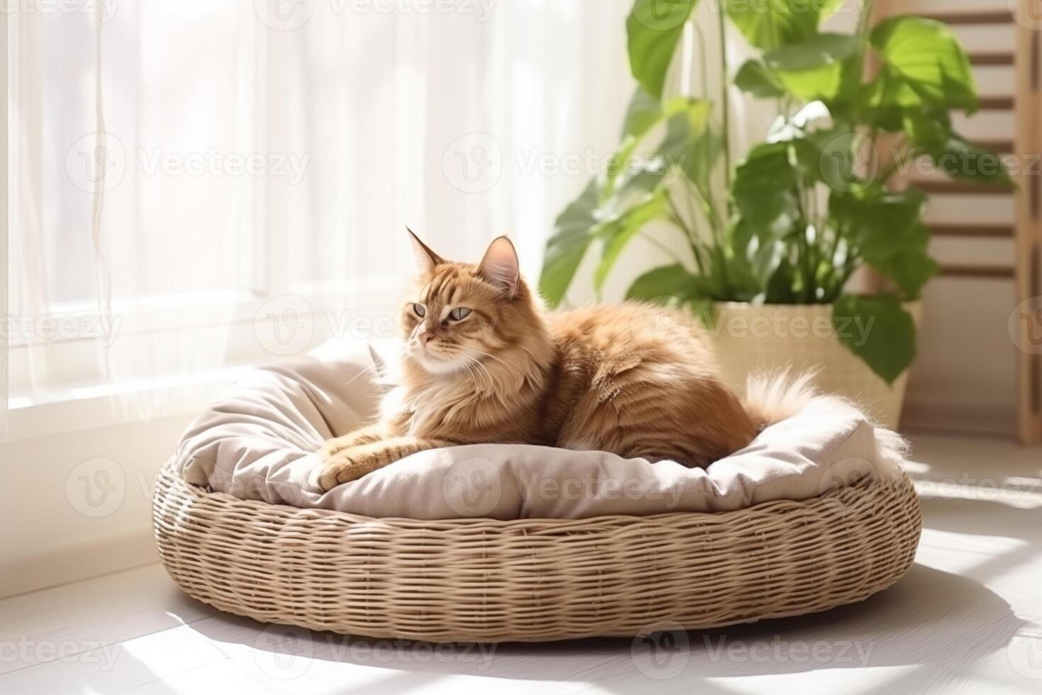 AI generated Cute fluffy cat resting in a pet bed, space for text. photo