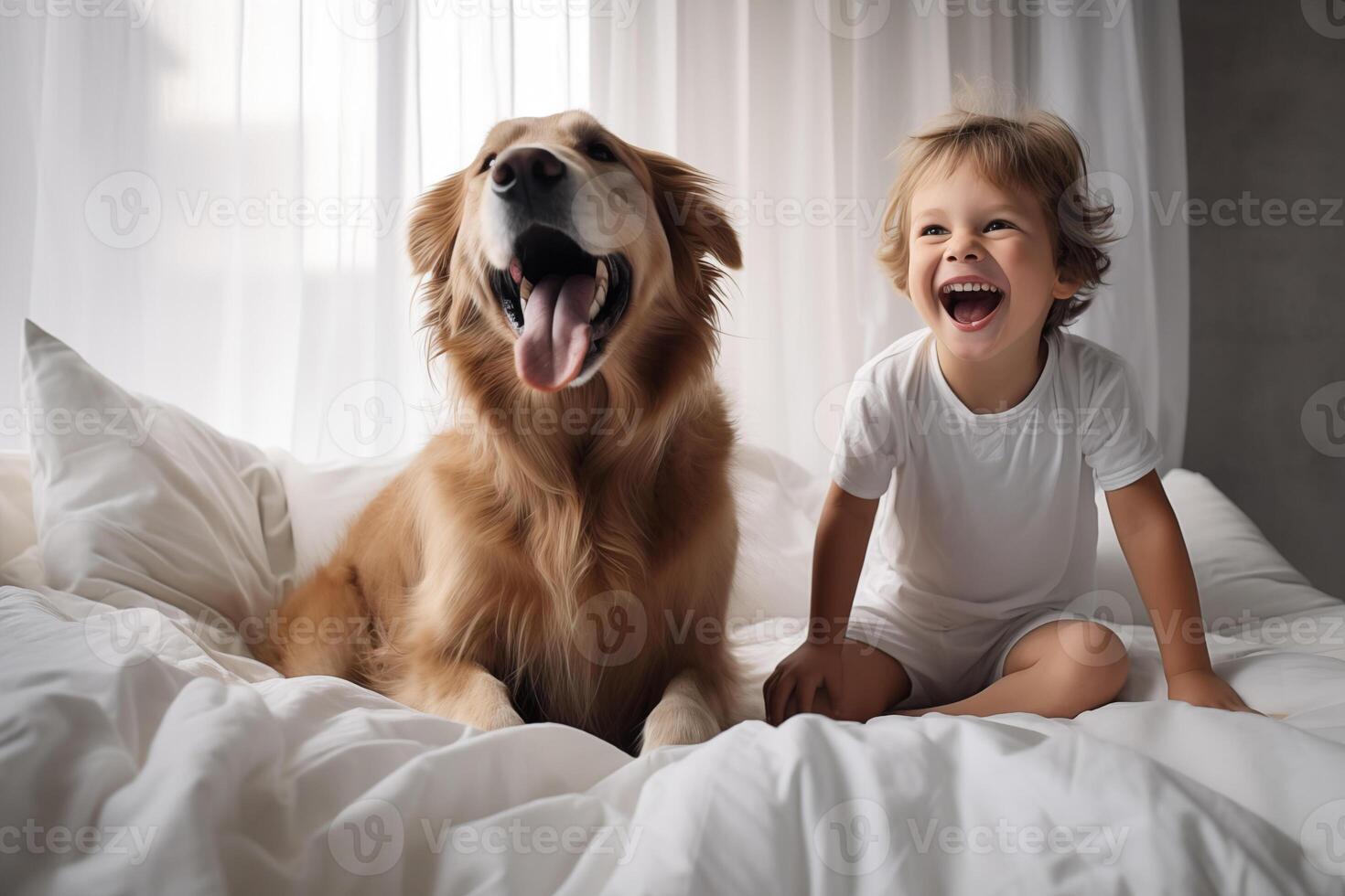 AI generated Little boy playing with his dog at home. photo
