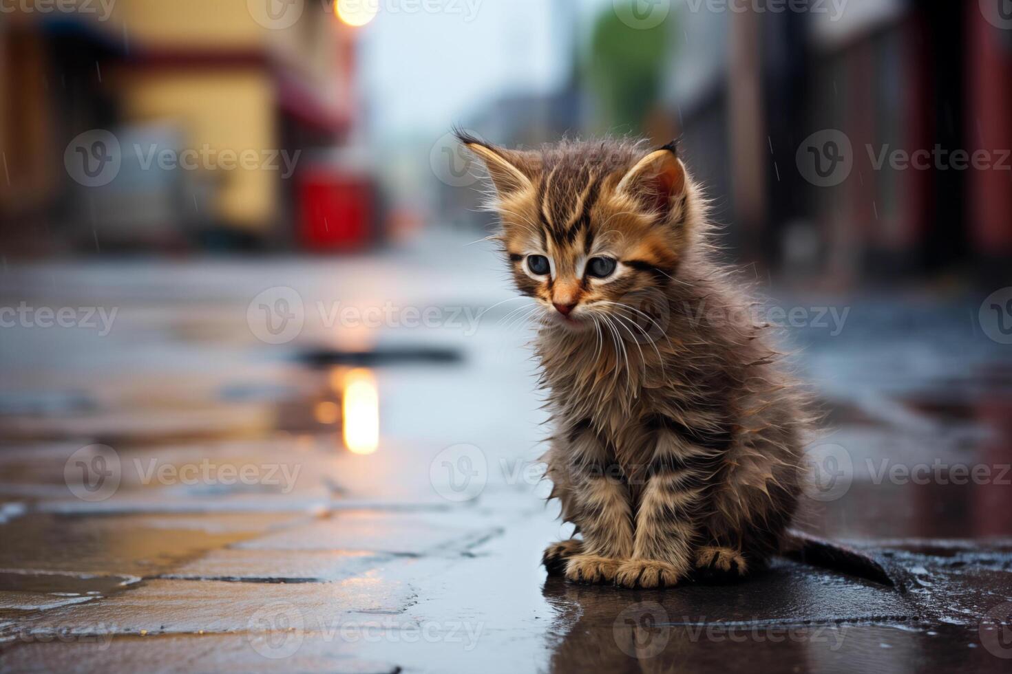 ai generado triste abandonado mojado hambriento gatito sentado en el calle debajo lluvia. sucio pequeño extraviado gatito gato al aire libre. foto