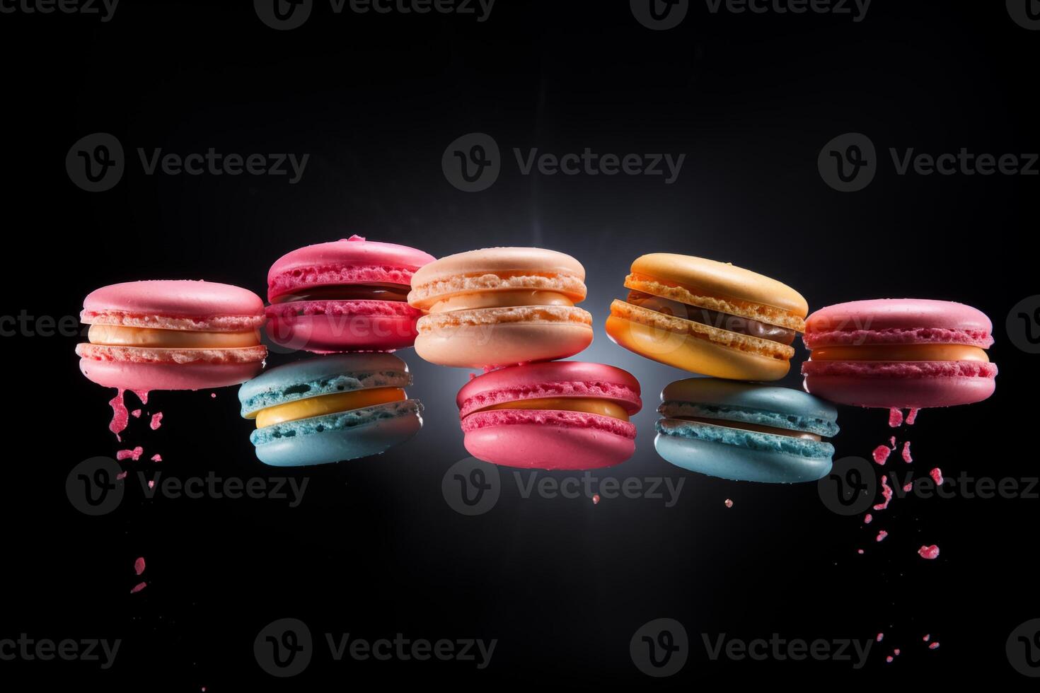 AI generated Colorful macarons flying in air on black background. Sweet and colorful French macaroons falling or flying in motion. photo