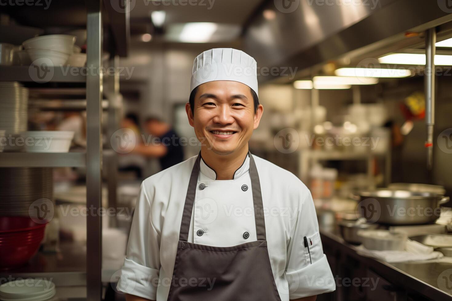 AI generated Portrait of Asian chef in a black jacket in the kitchen in a restaurant photo
