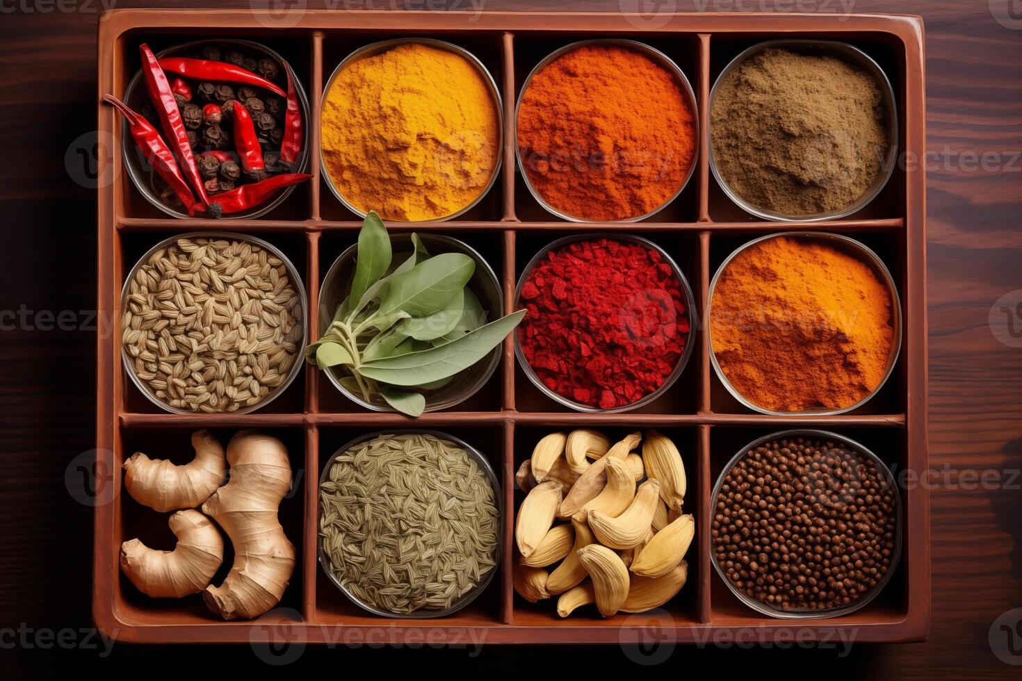 AI generated Indian spices used in Indian cooking sush as masala hot curry whole spices like turmeric. Top view of spices in boxes. photo