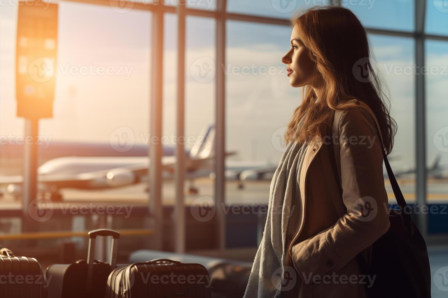 AI generated Travel tourist standing with luggage watchingat airport window. Woman looking at lounge looking at airplanes while waiting at boarding gate before departure. photo