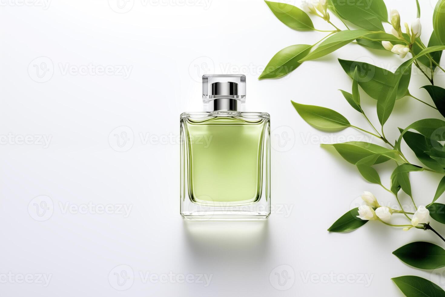 AI generated Perfume glass  bottle with green essence isolated on white background with fresh green tea leaves. Stylish cosmetic mockup or advertising banner, copy space. photo
