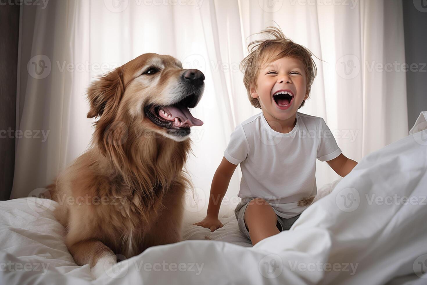 AI generated Little boy playing with his dog at home. photo