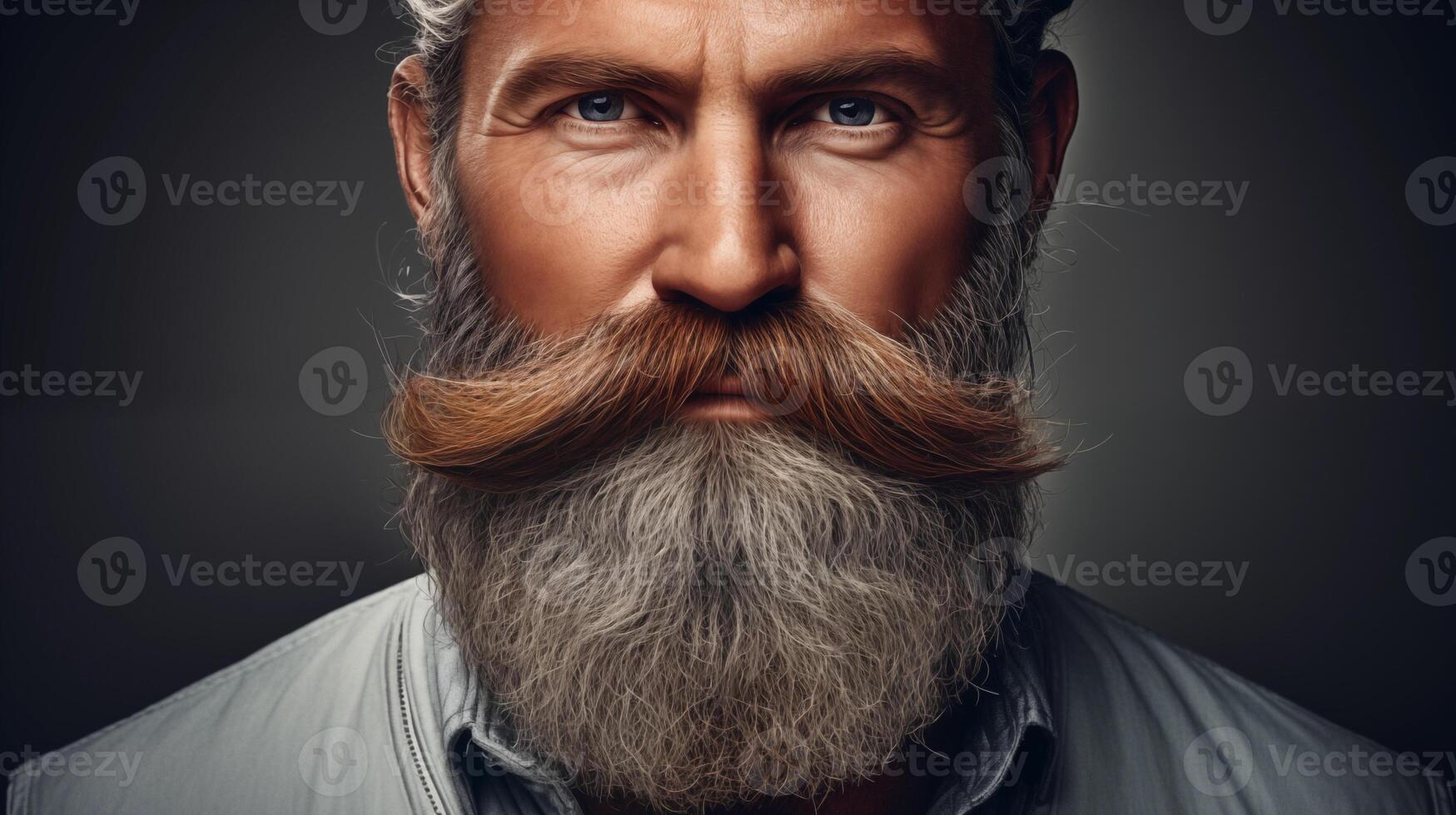 AI generated Long beard and mustache closeup on a light background with space for text. Generative AI Portrait of beautiful man with mustache and beard. photo