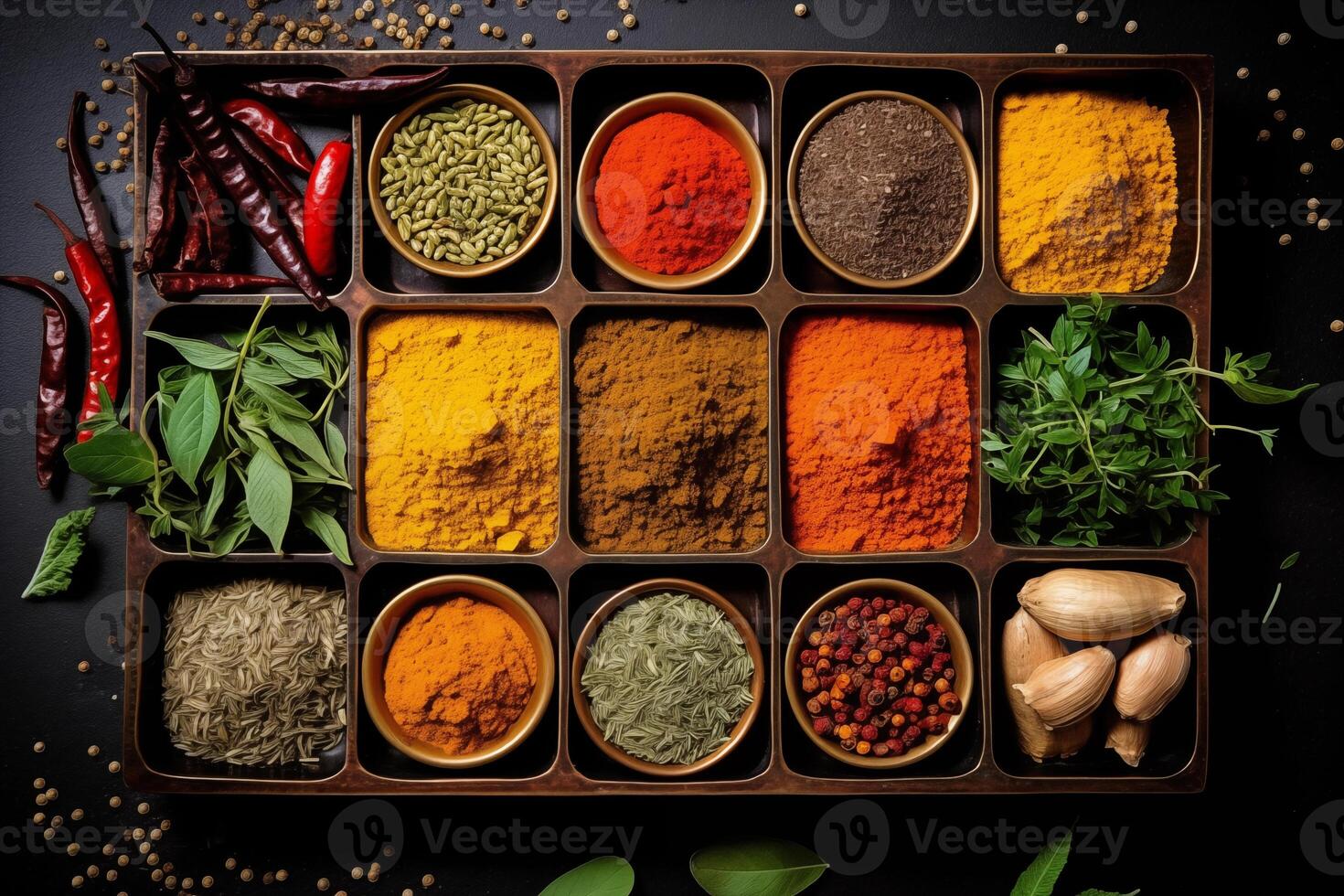 AI generated Indian spices used in Indian cooking sush as masala hot curry whole spices like turmeric. Top view of spices in boxes. photo