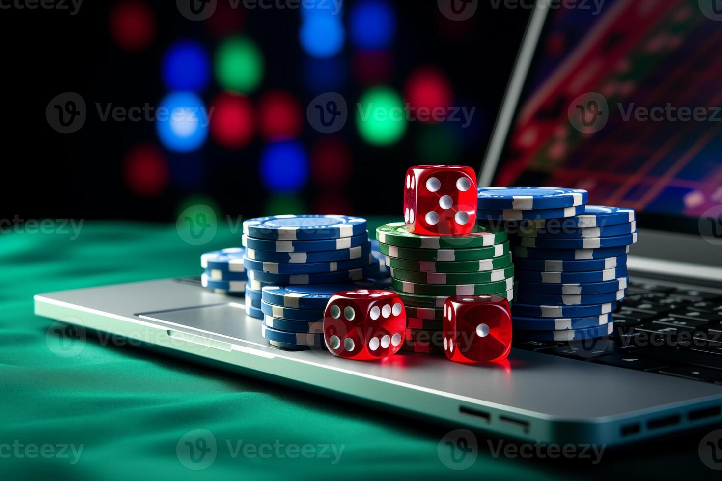AI generated Close-up of a stack of casino chips and dice lie on the laptop keyboard. Online poker series. photo