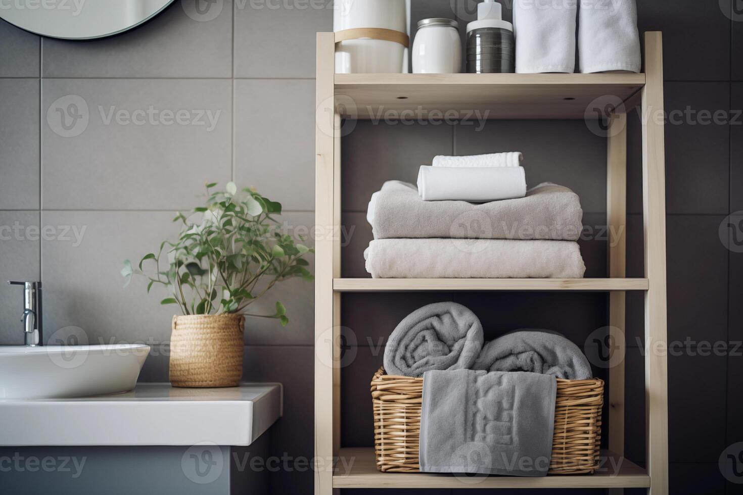 AI generated Corner of the bathroom. Shelving unit and baskets with clean towels and toiletries photo