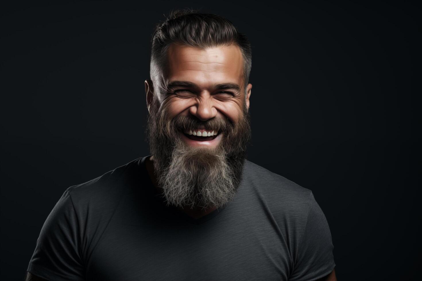 AI generated Studio shot of smiling bearded man, handsome brutal man. Space for text and black background. photo