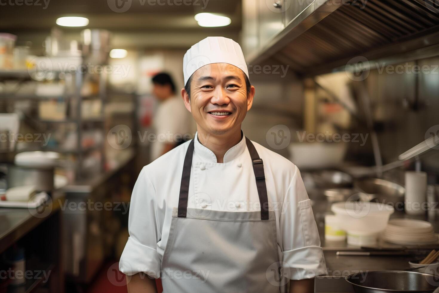 AI generated Portrait of Asian chef in a black jacket in the kitchen in a restaurant photo