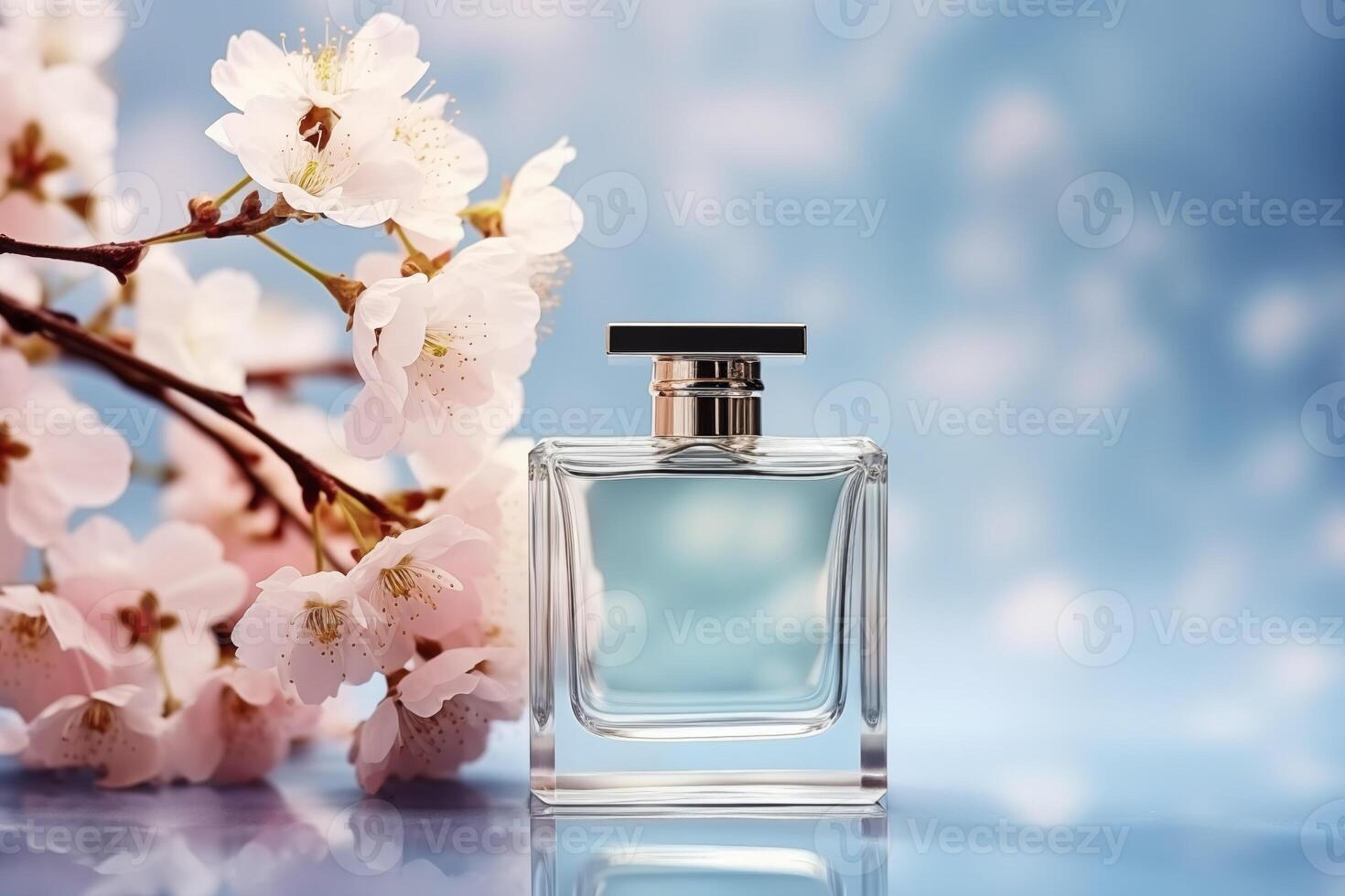 AI generated Glass elegant perfume bottle mockup on blue background with sakura blossom flowers. Glamour advertisement banner, copy space. photo