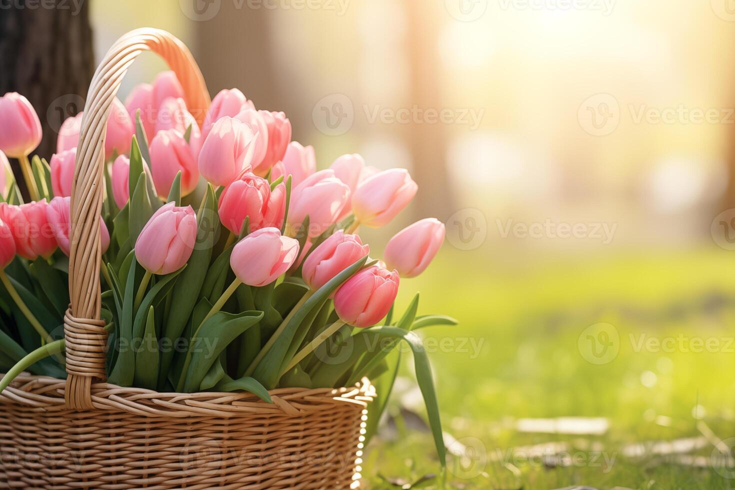 AI generated Bouquet of pink tulips in a basket outdoors, space for text. photo
