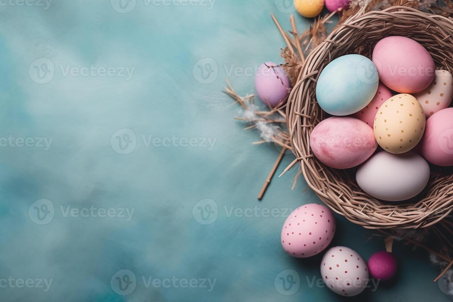 AI generated Copy space background flat lay with pastel-colored Easter eggs, A basket filled with candy photo