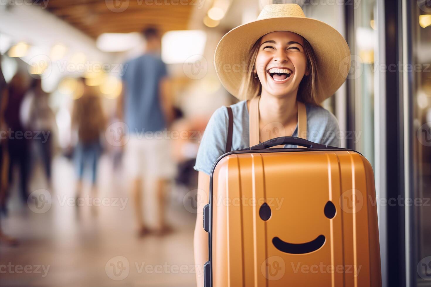 AI generated Portrait of happy tourist woman in hat with her luggage and blurred  background in hotel after check-in. Conceptual of travel and vacation. photo
