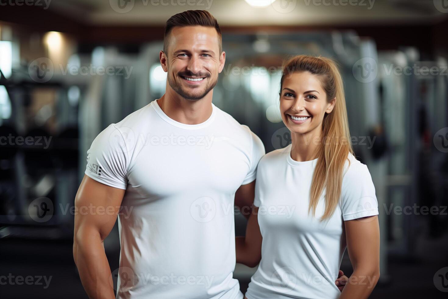 ai generado retrato de un sonriente Pareja aptitud hombre y mujer en ropa de deporte en pie en gimnasio club. de cerca de Atletas en el aptitud centro. foto