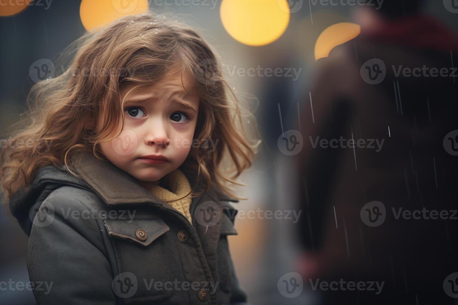 AI generated A sad and crying little girl on the blurred background. photo