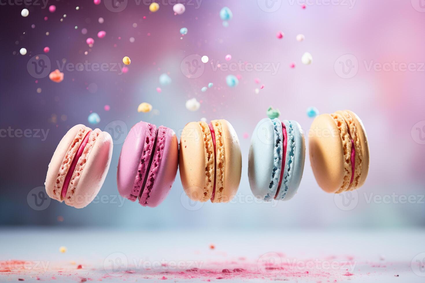AI generated Colorful macarons flying in air. Sweet and colorful French macaroons falling or flying in motion. photo
