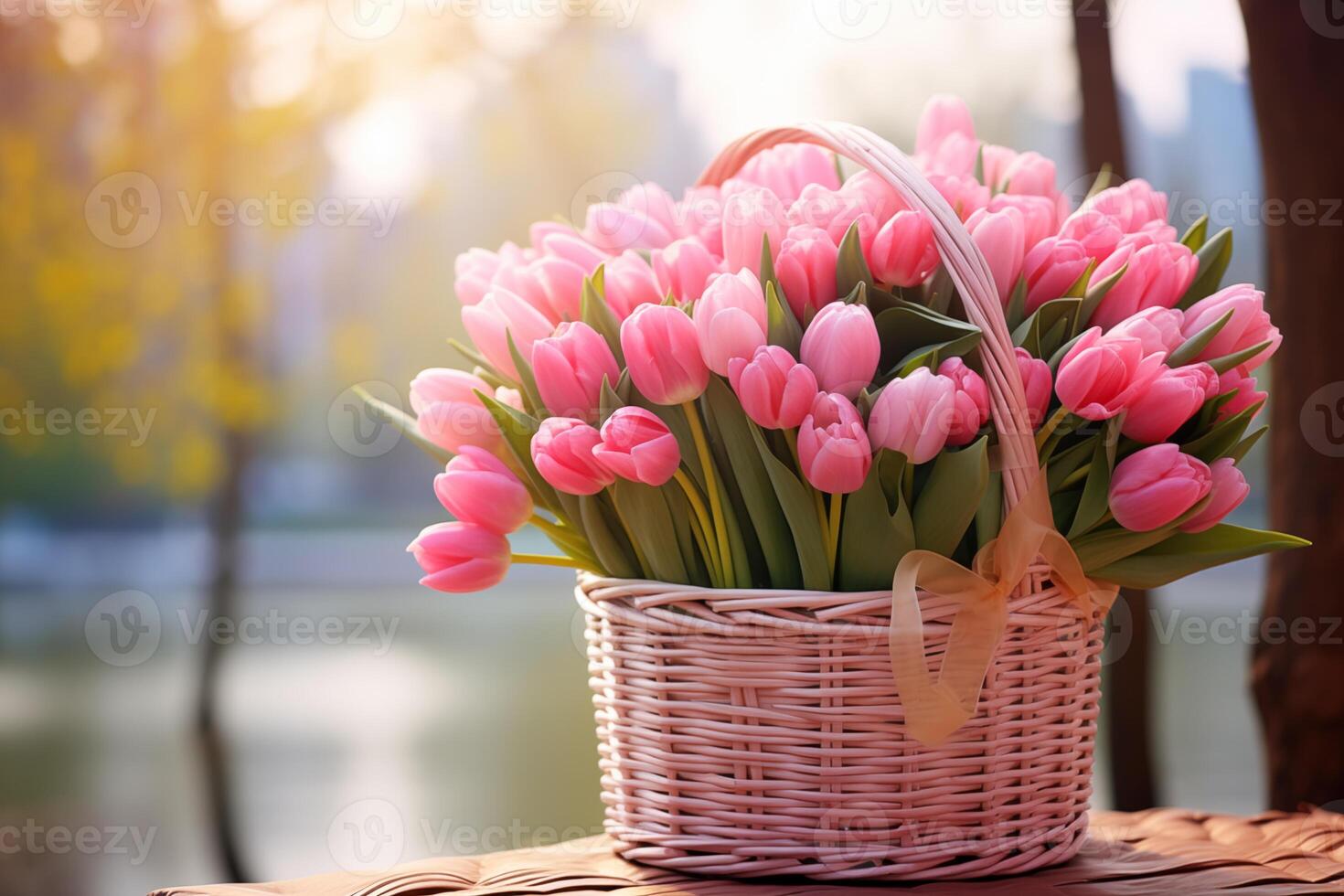 AI generated Bouquet of pink tulips in a basket outdoors, space for text. photo