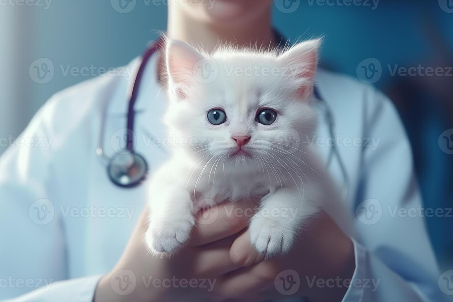 AI generated Little fluffy kitten in hands of veterinarian doctor in medical white coat with a stethoscope. Veterinary clinic banner. photo