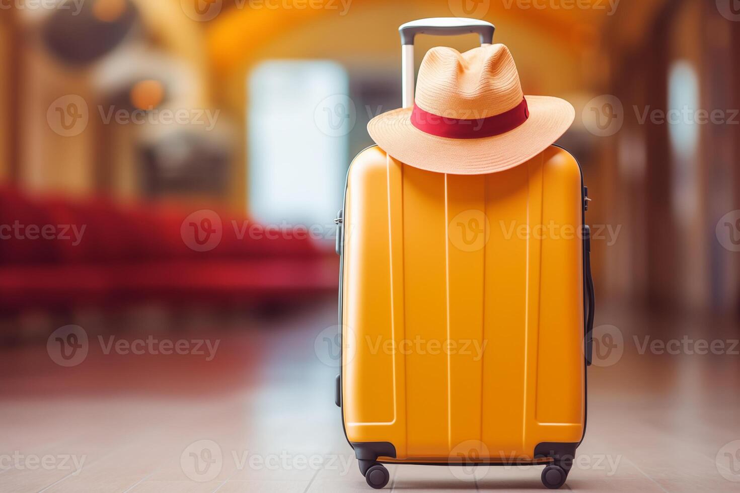 AI generated Close-up luggage with hat and blurred happy tourist woman background in hotel after check-in. Conceptual of travel and vacation. photo