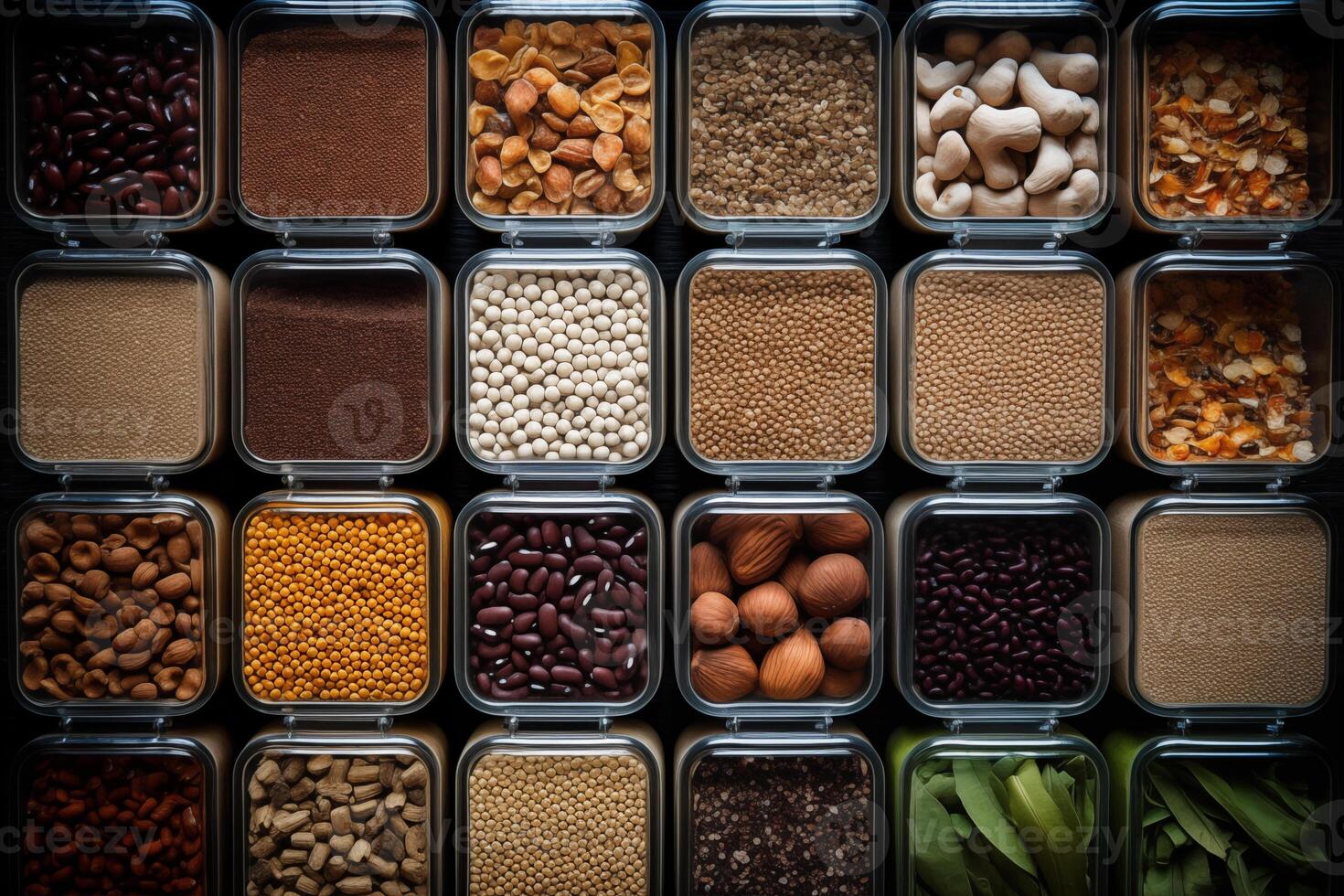 AI generated Top view of containers filled with a variety of grains and legumes. The organization and storage in a kitchen in containers. photo