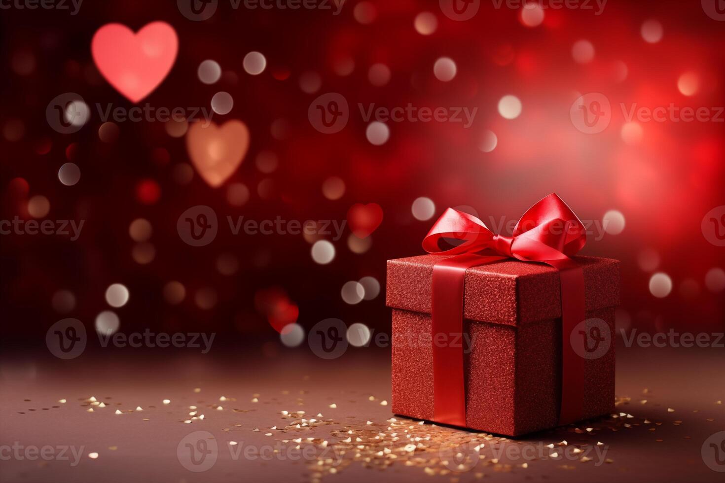 AI generated Close up of Valentine's Day present and heart shape with red confetti and glitter. Gift box with ribbon bow tag over blurred heart shape bokeh background with lights photo