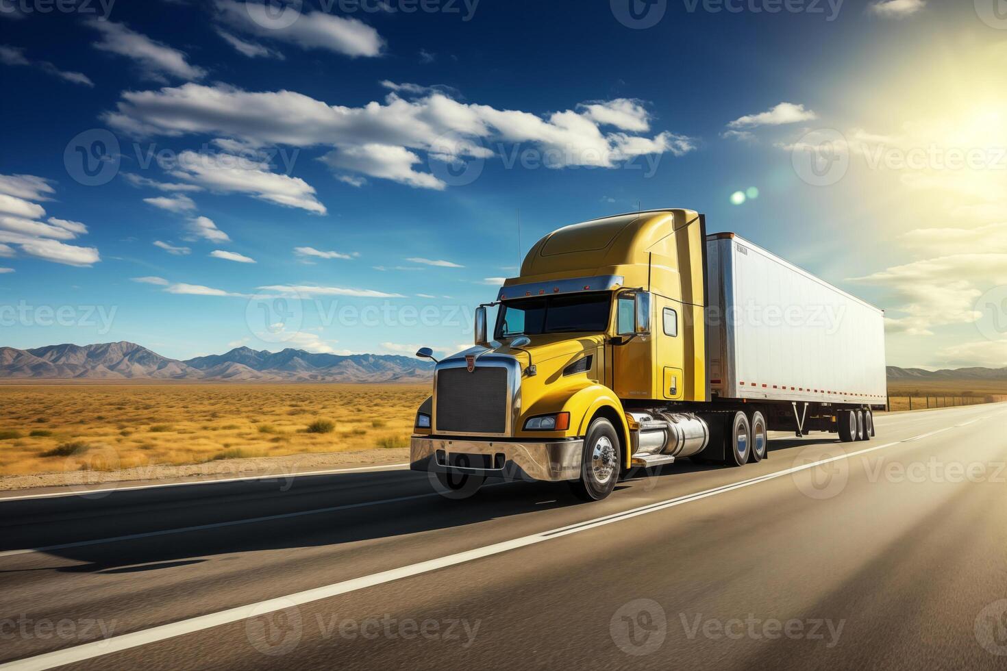 AI generated American style truck on the freeway, highway pulling cargo, movement. Transport concept photo