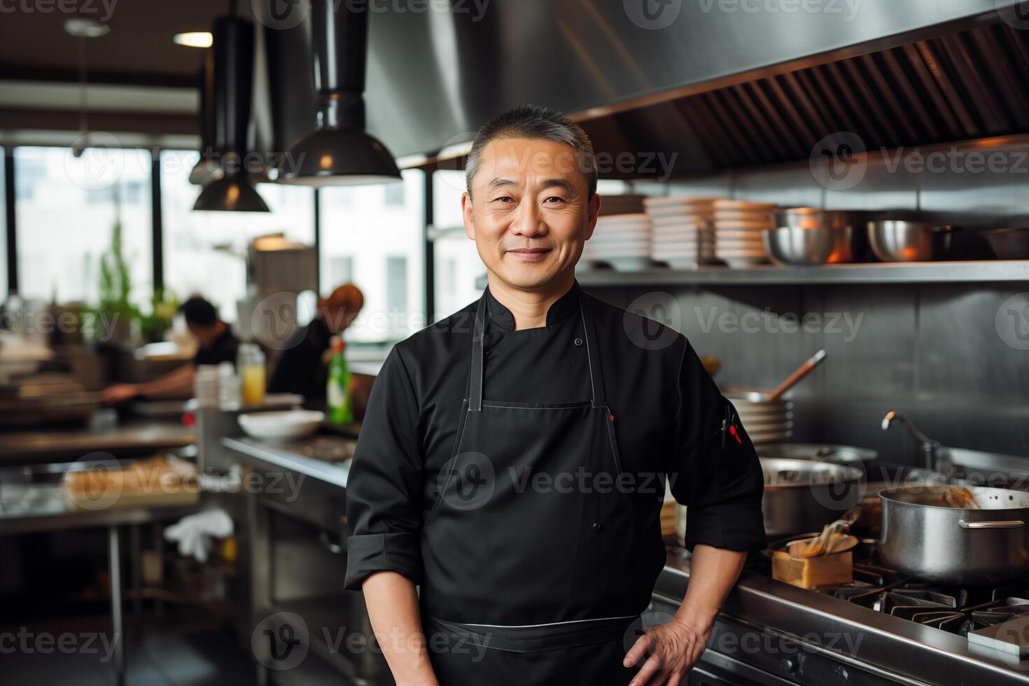 AI generated Portrait of Asian chef in a black jacket in the kitchen in a restaurant photo