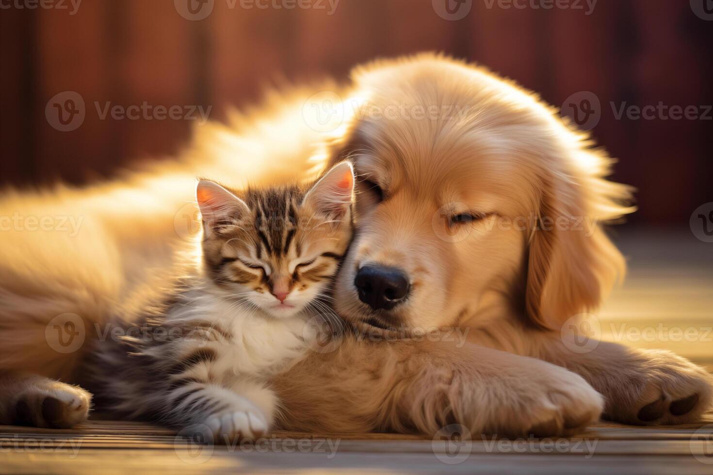 AI generated A cat and a dog are resting on a soft pet bed. Friendship between cat and dog, space for text. photo