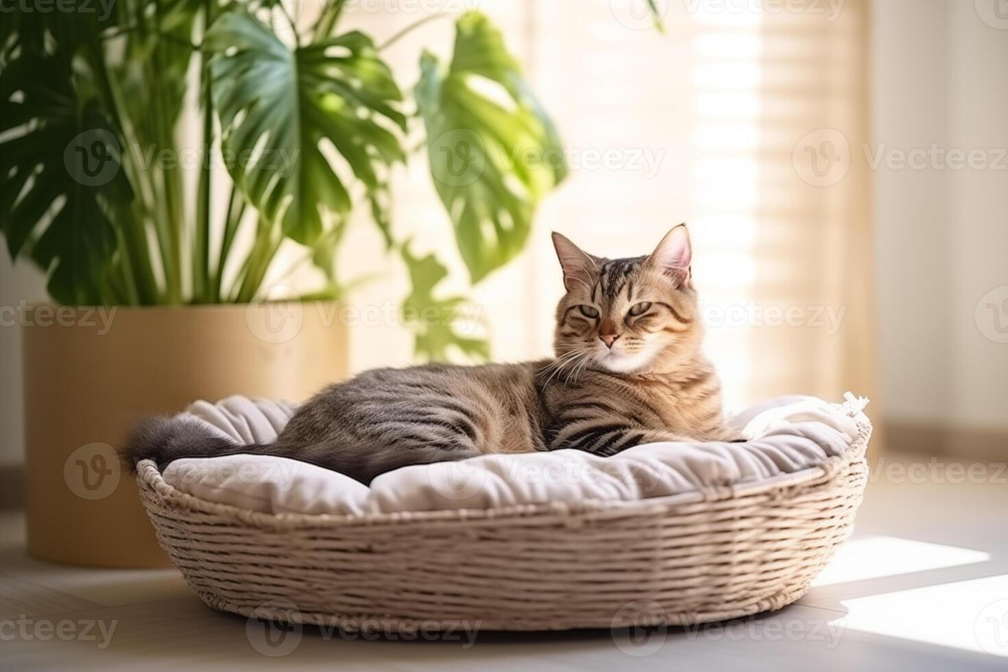 AI generated Cute fluffy cat resting in a pet bed, space for text. photo