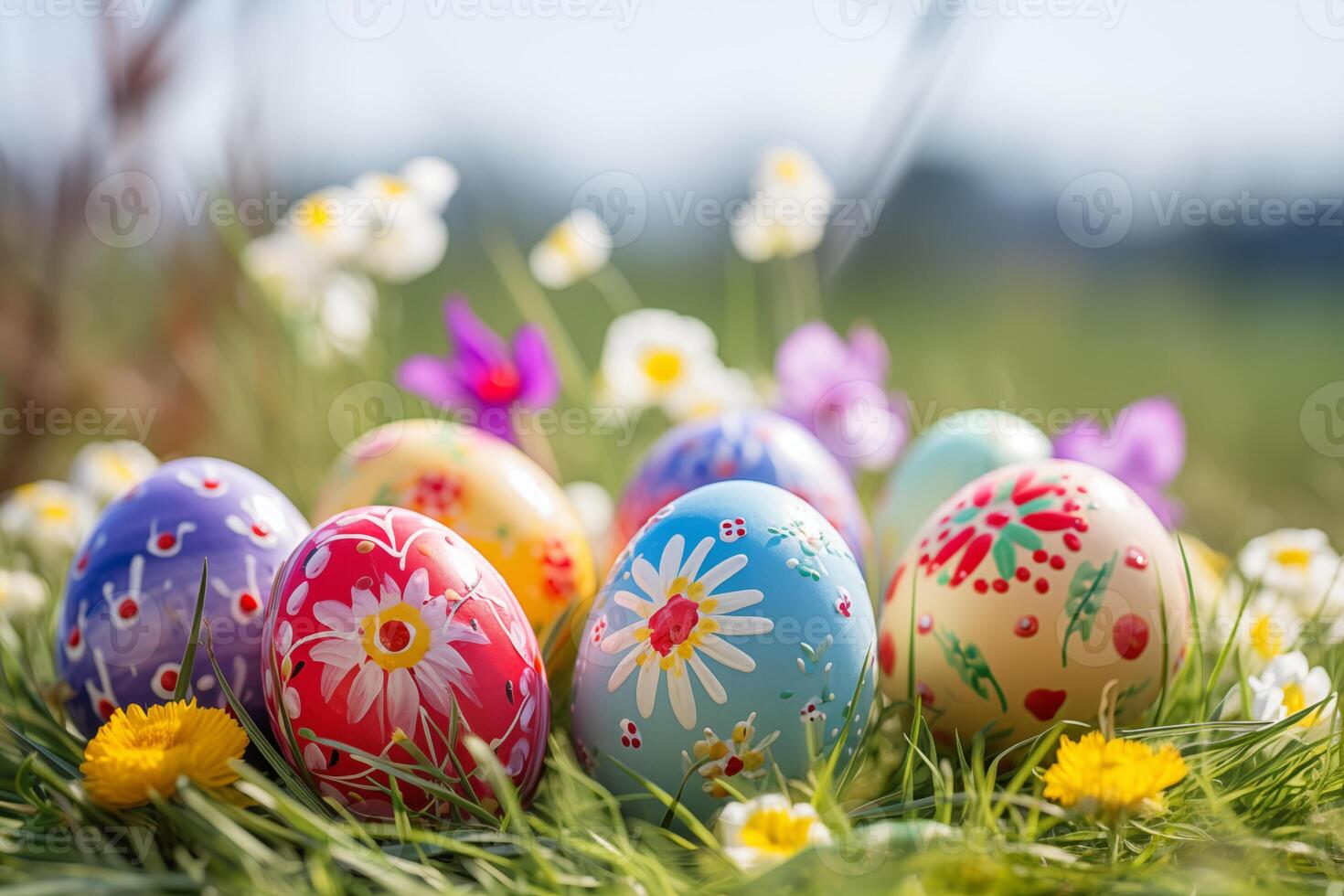 AI generated Easter eggs with flowers on green grass background. Easter card and background for social media. photo