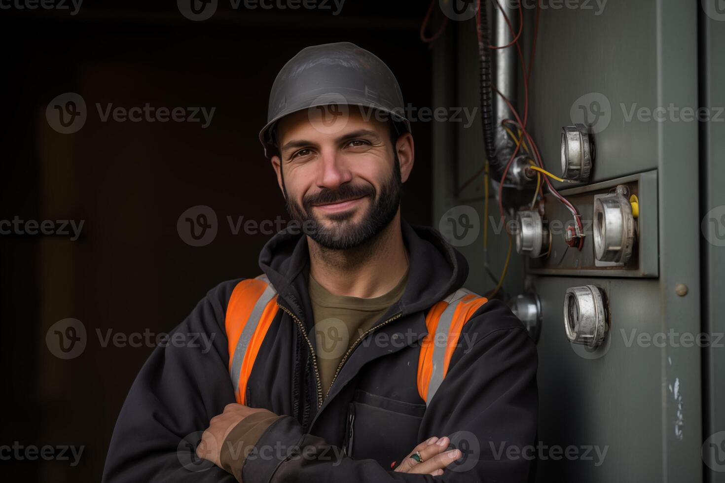 AI generated Electrical engineer standing in front of electrical box photo