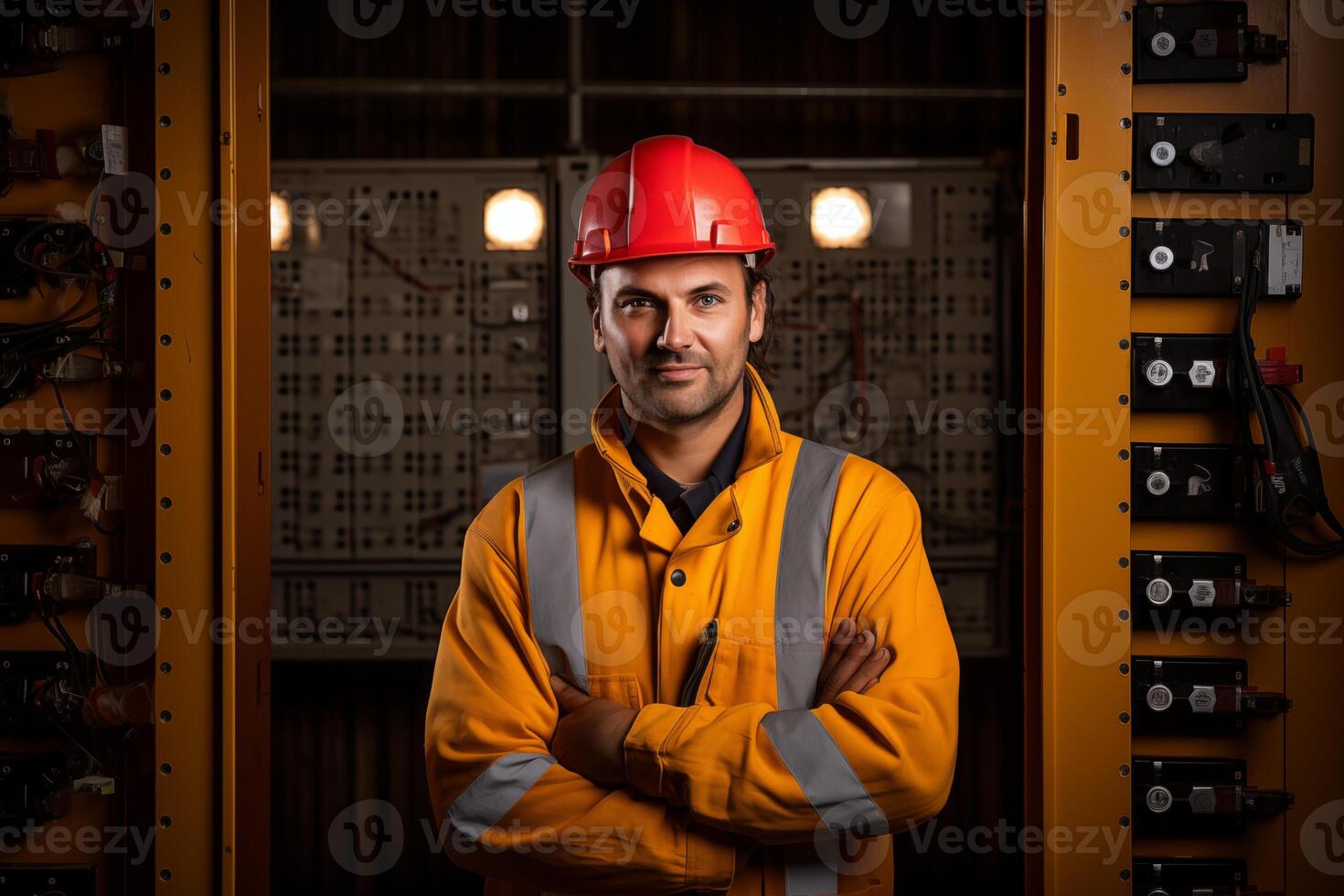 ai generado eléctrico ingeniero en pie en frente de eléctrico caja foto