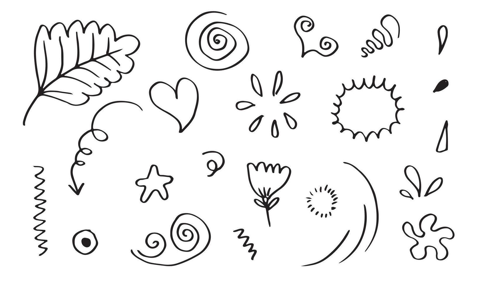 hand drawn set element,black on white background.arrow,heart,love,star,leaf,sun,light,flower,daisy,crown,king,queen,swishes,swoops,emphasis,swirl,heart,for concept design vector