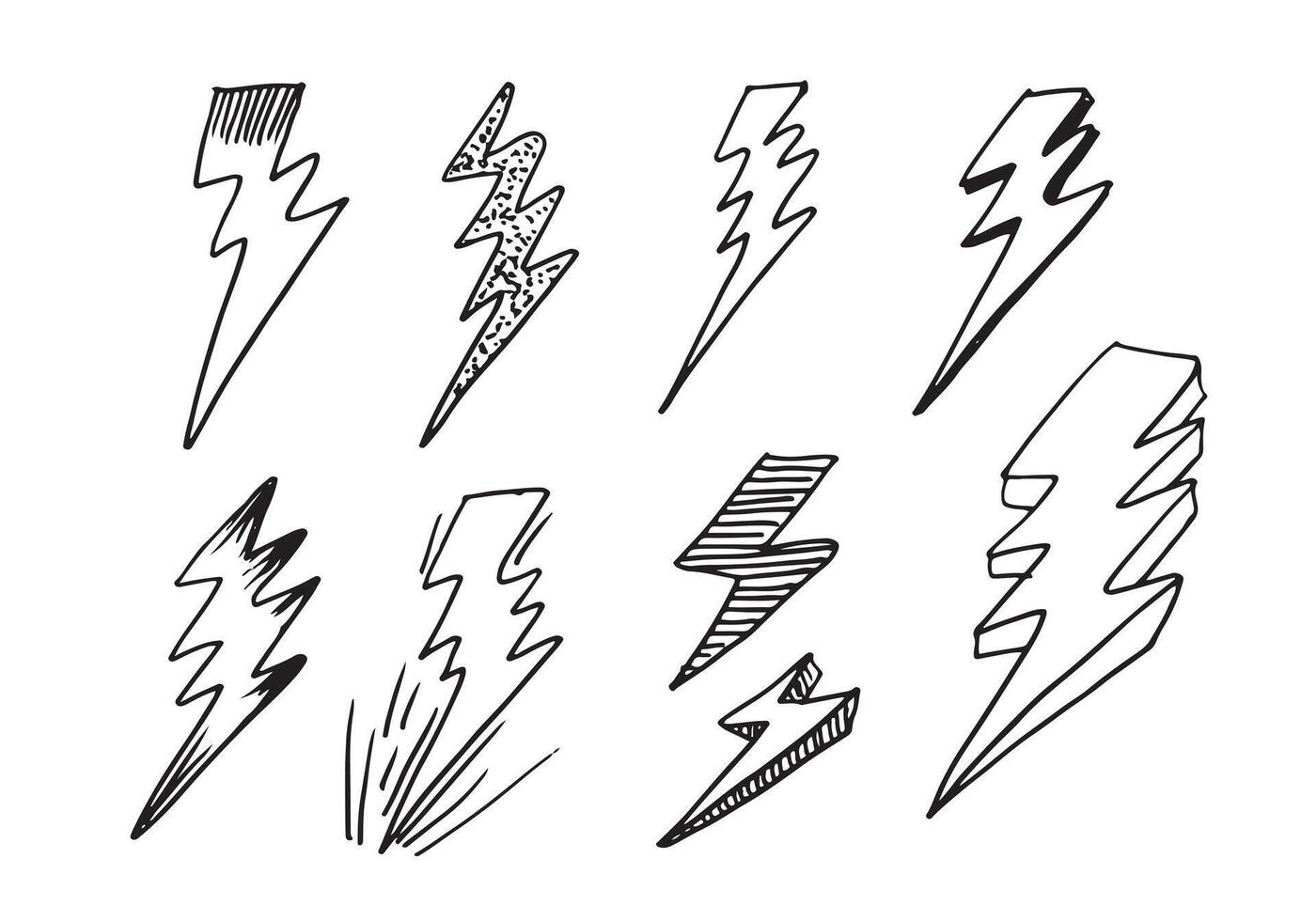 conjunto de ilustraciones de esbozo de símbolo de relámpago eléctrico de garabato vectorial dibujado a mano. icono de garabato de símbolo de trueno. vector