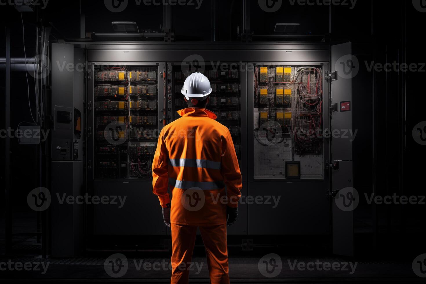 AI generated Electrical engineer standing in front of electrical box photo