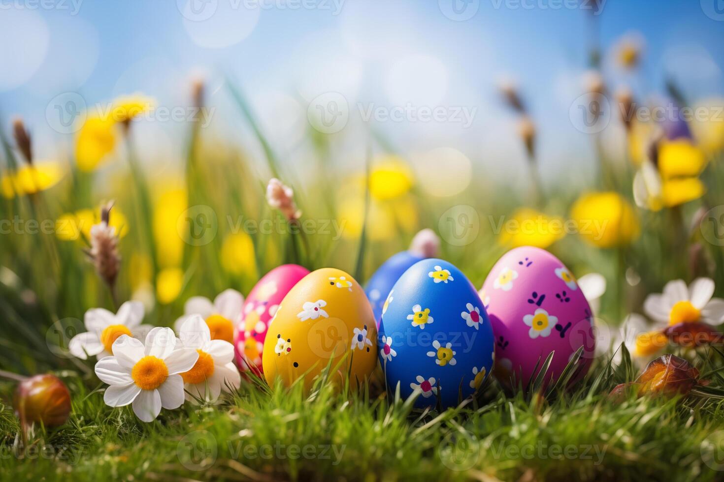 AI generated Easter eggs with flowers on green grass background. Easter card and background for social media. photo