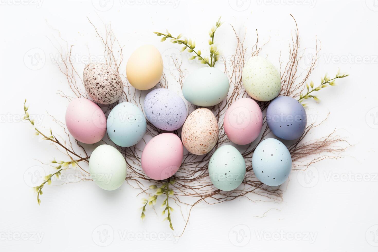 AI generated Easter eggs with flowers on white background. Easter card and background for social media. photo